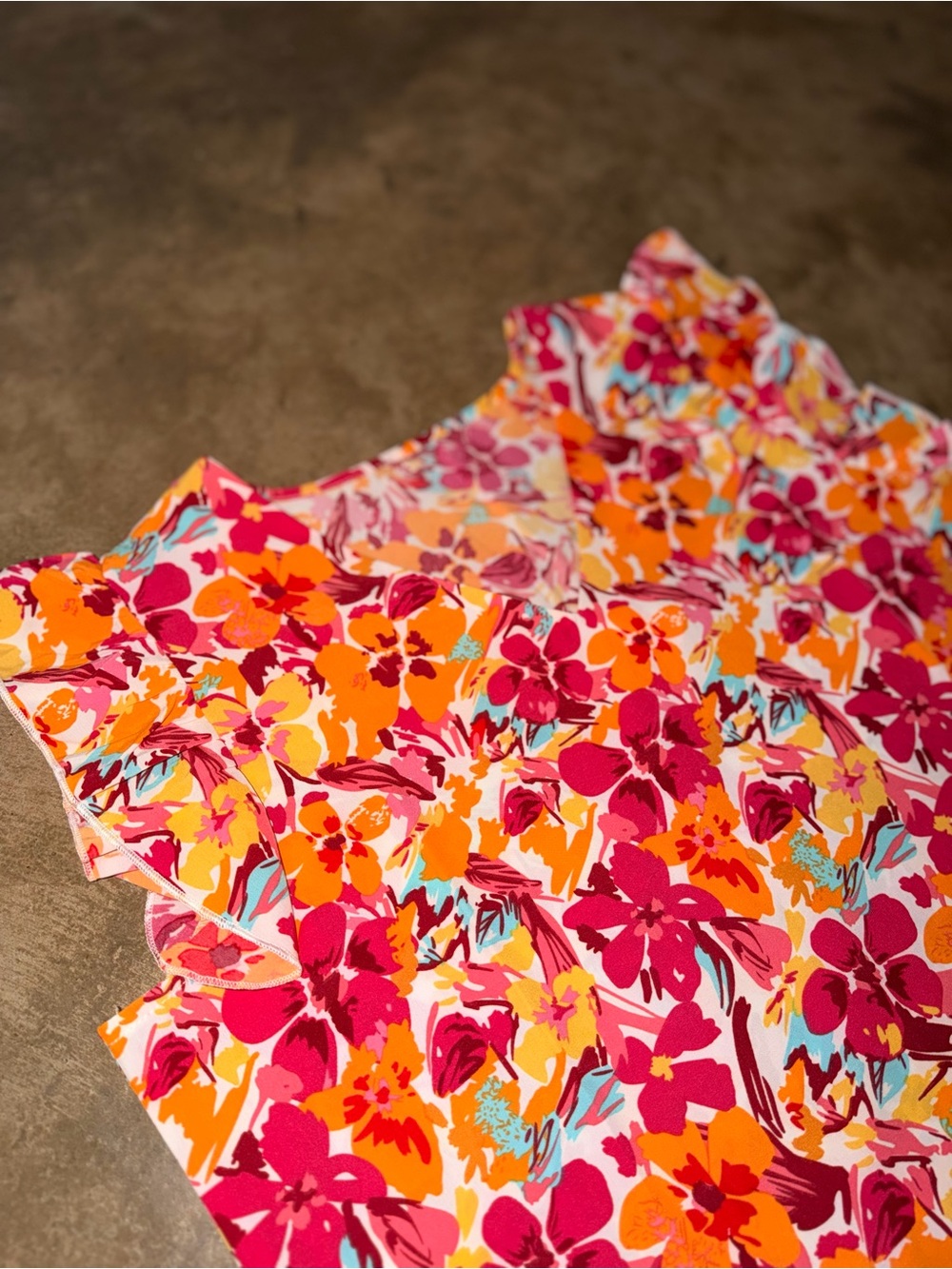 Floral Ruffle Sleeve V-Neck Blouse Pink Orange Tropical Top M - Picture 2 of 7